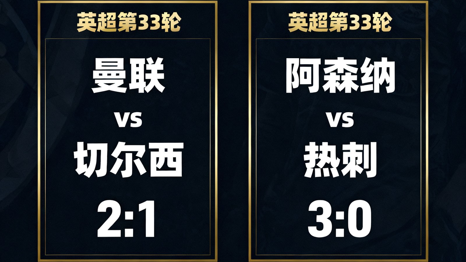 深色背景上展示英超第33轮赛程卡片，包含曼联对阵切尔西以及阿森纳对阵热刺的比分信息